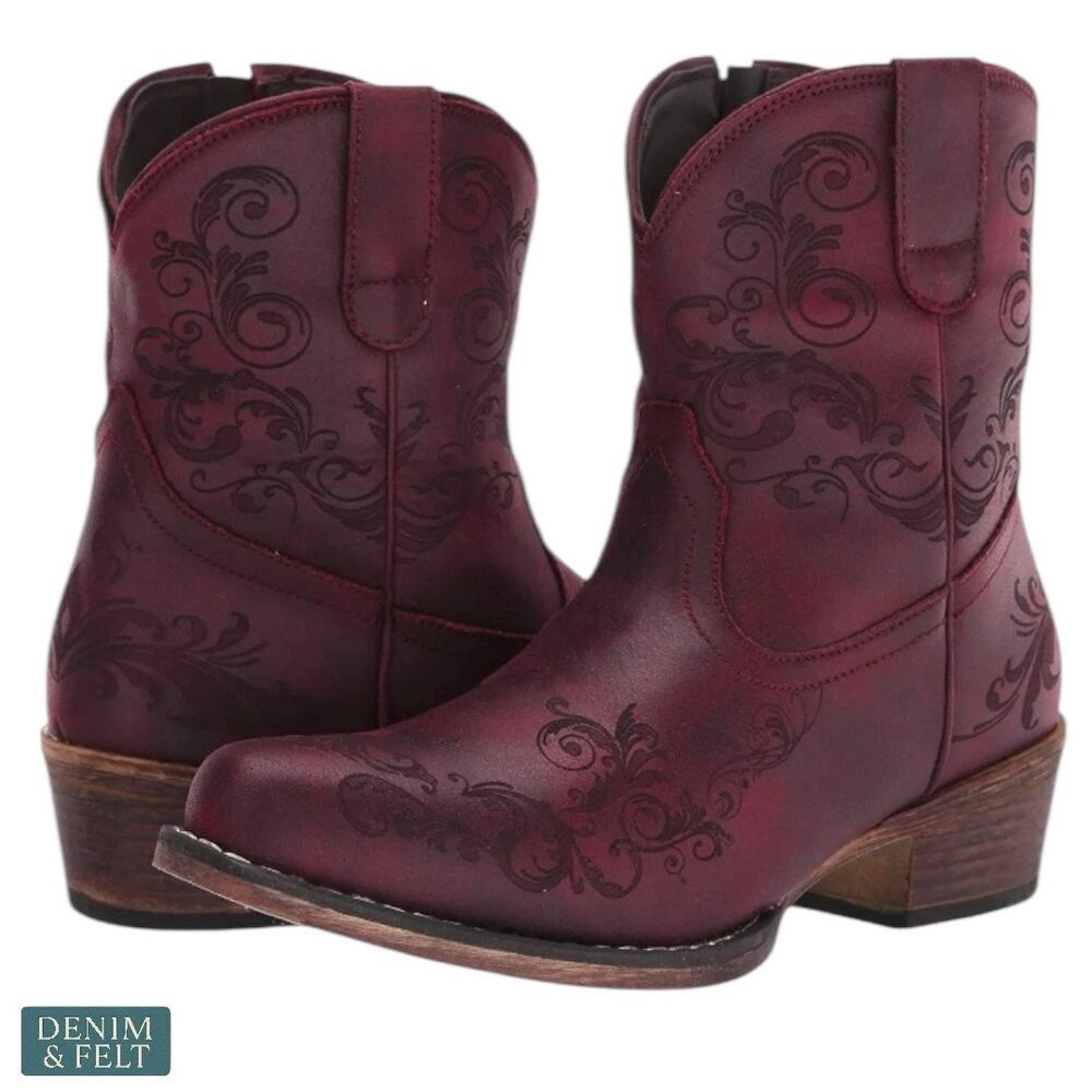 Roper Womens Maroon Western Boots Snip Toe Faux Leather Cushioned‎ Size 5.5 NEW
